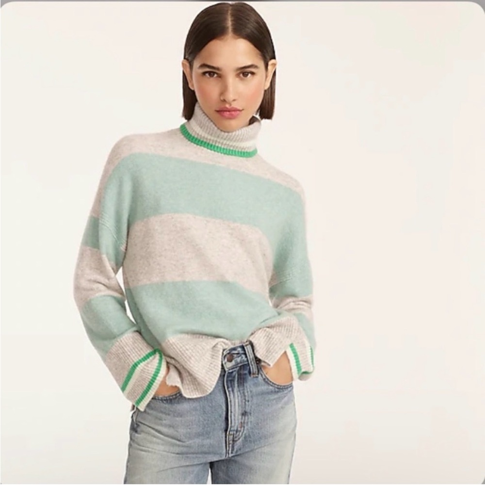 J Crew Striped Turtleneck Sweater in Supersoft Yarn Heather Silver Mint Medium